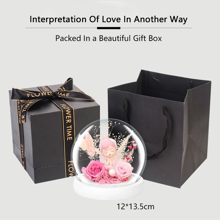 New Type Eternal Flower Little Fairy Glass Cover For Valentine's Day Gifts Preserved Rose With Cartoon Doll Rose In Glass Dome