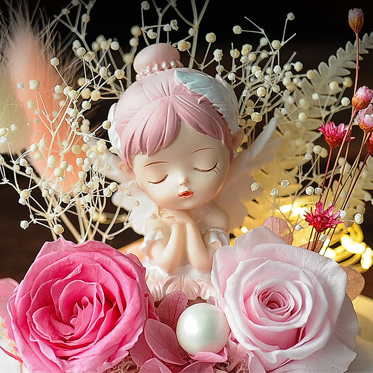 New Type Eternal Flower Little Fairy Glass Cover For Valentine's Day Gifts Preserved Rose With Cartoon Doll Rose In Glass Dome