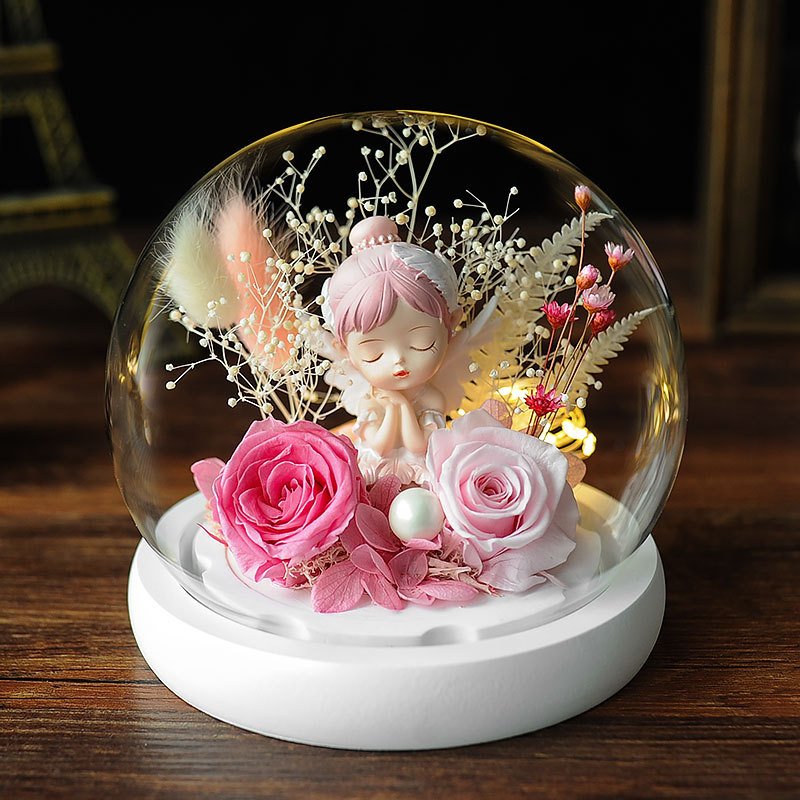 New Type Eternal Flower Little Fairy Glass Cover For Valentine's Day Gifts Preserved Rose With Cartoon Doll Rose In Glass Dome