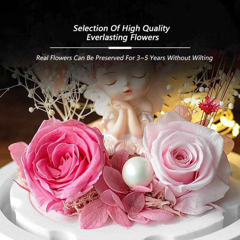New Type Eternal Flower Little Fairy Glass Cover For Valentine's Day Gifts Preserved Rose With Cartoon Doll Rose In Glass Dome