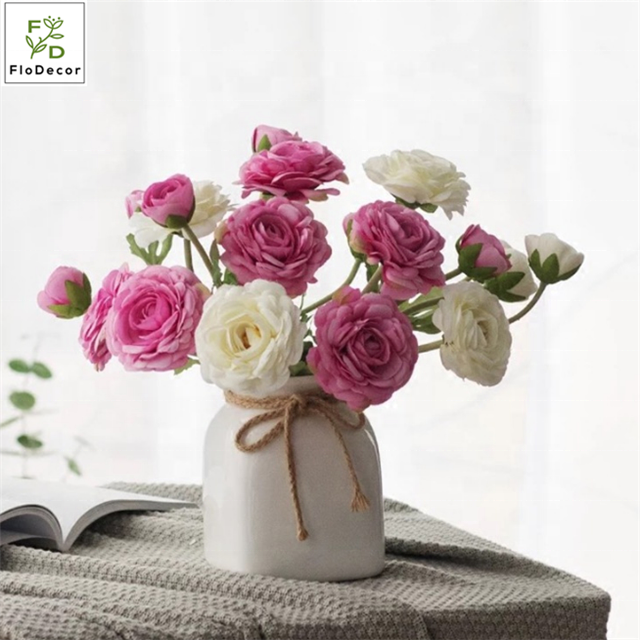 Wholesale 2-heads Artificial Tea Rose Pink Flower Silk Fabric Ranunculus Flower For Home Wedding Party Decoration
