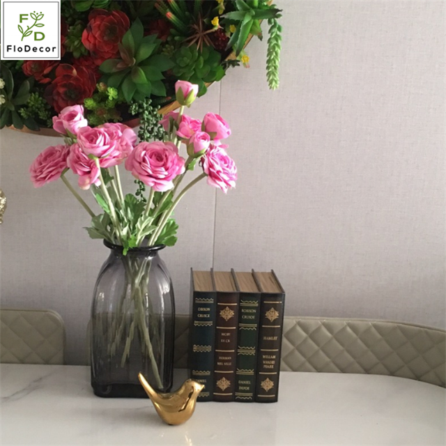 Wholesale 2-heads Artificial Tea Rose Pink Flower Silk Fabric Ranunculus Flower For Home Wedding Party Decoration