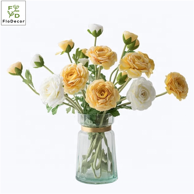 Wholesale 2-heads Artificial Tea Rose Pink Flower Silk Fabric Ranunculus Flower For Home Wedding Party Decoration