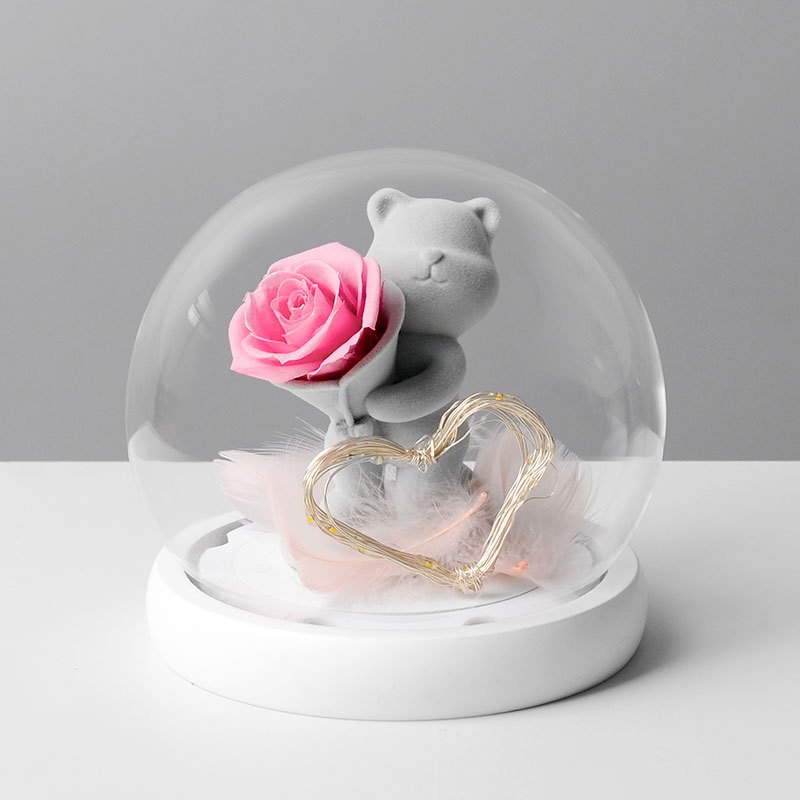 Mothers day gifts Preserved Flower glass dome Eternal flower teddy Bear gift box house decorative luxury gift box