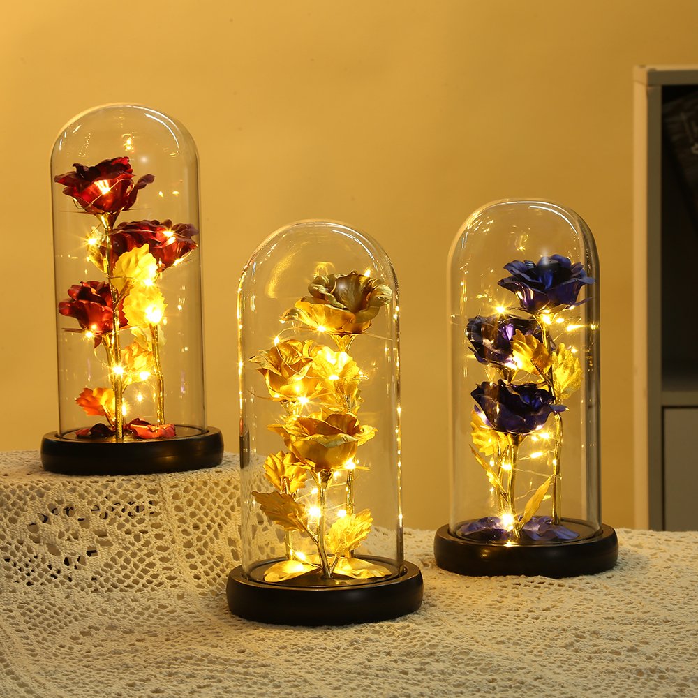Beauty And Beast Eternal Rose Flower Wedding Christmas Valentines Day 24K Golden Foil Rose and LED Light in Glass Dome