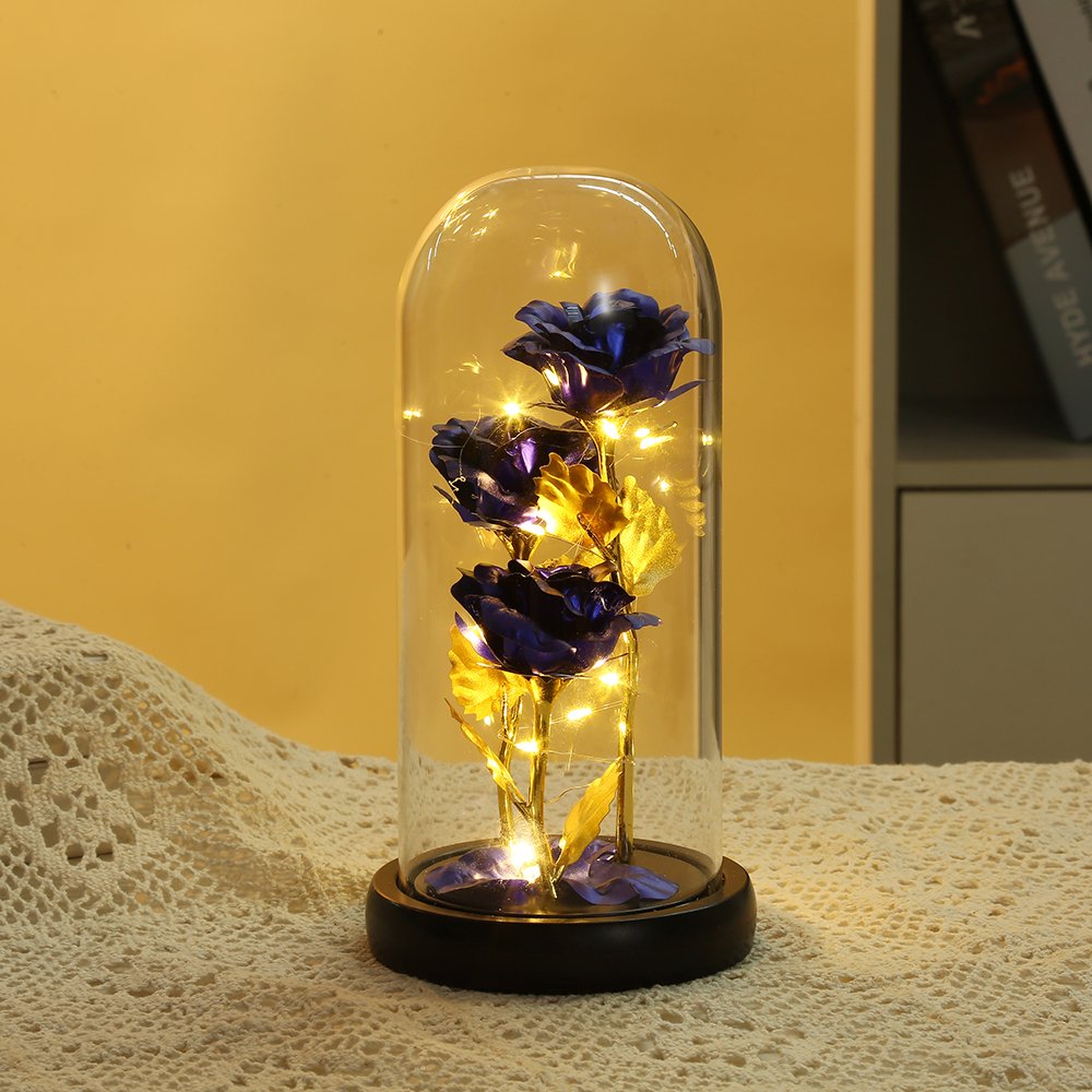 Beauty And Beast Eternal Rose Flower Wedding Christmas Valentines Day 24K Golden Foil Rose and LED Light in Glass Dome