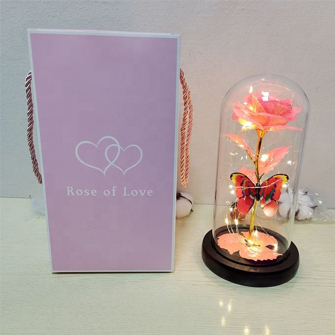 Creative Valentine Day Gifts 24k Gold Rose With Led Light Galaxy Flower Rose In Glass Dome Unique Gift For Women
