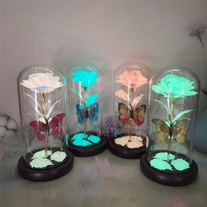Creative Valentine Day Gifts 24k Gold Rose With Led Light Galaxy Flower Rose In Glass Dome Unique Gift For Women