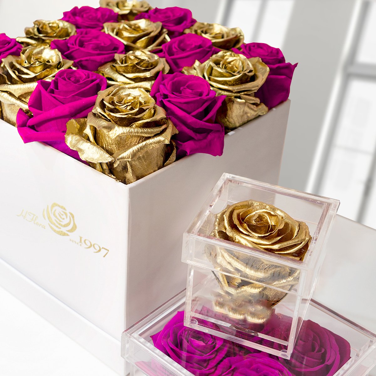 Hfloral Valentine Mother's Christmas Birthday Anniversary Gift Gold color Eternal Rose Red Square Preserved Roses Flowers in box