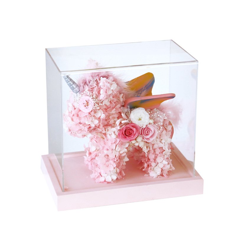 Valentines Day Handmade Preserved Eternal Hydrangea Rose Unicorn Gifts Box Preserved Rose Unicorn with Acrylic Box