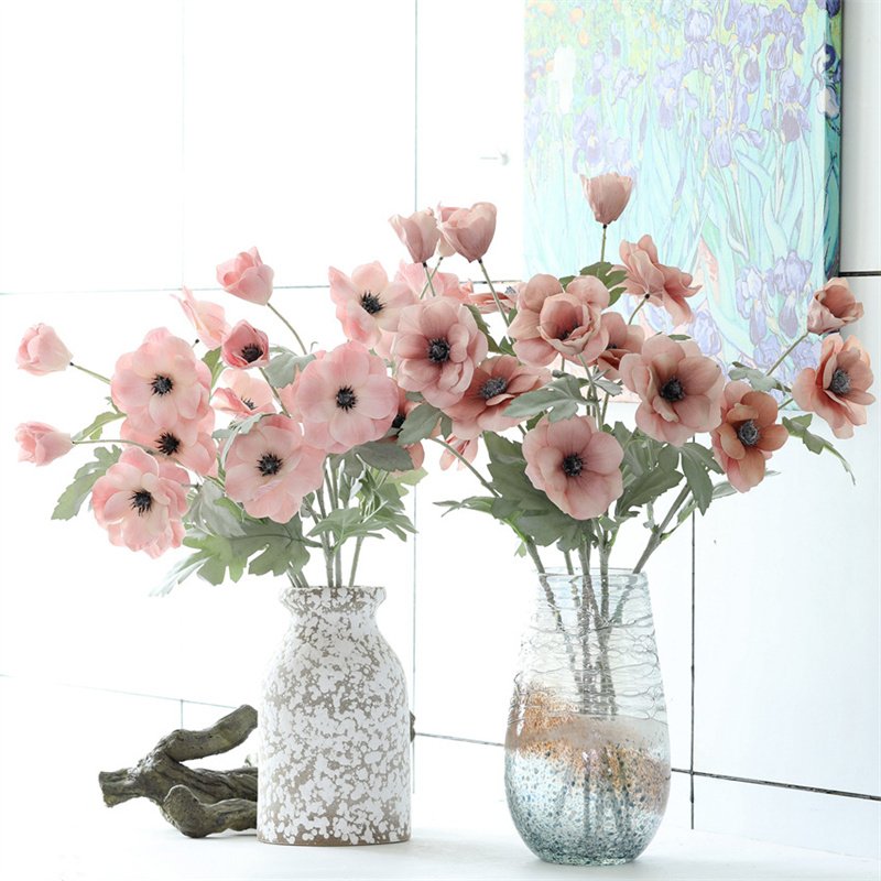 Top Grade 3D Anemone 3 Heads Purple Real Touch Anemone Artificial Flower for Home Silk Flower Decor