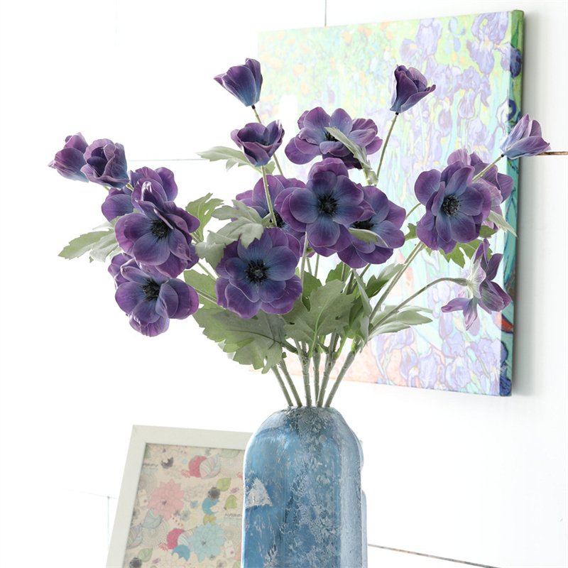 Top Grade 3D Anemone 3 Heads Purple Real Touch Anemone Artificial Flower for Home Silk Flower Decor