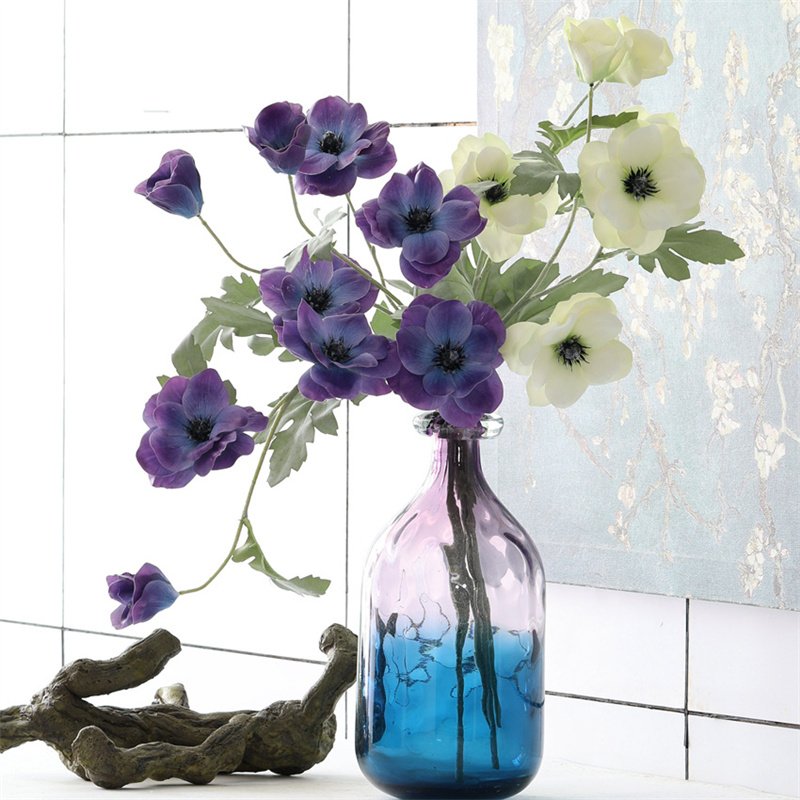 Top Grade 3D Anemone 3 Heads Purple Real Touch Anemone Artificial Flower for Home Silk Flower Decor