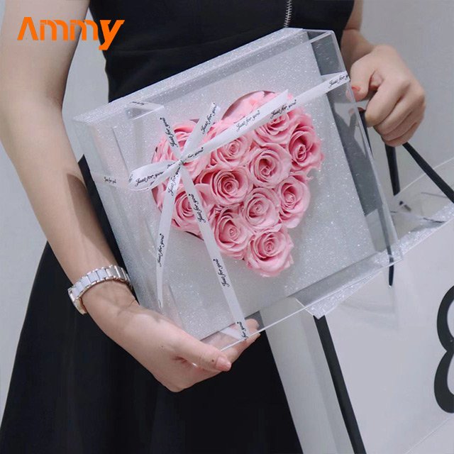 AM-PFE21 Ammy Acrylic box Heart Preserved Flower Rose 12 rose Preserved Flower Gift Box Holiday Gift Real Natural Forever Roses
