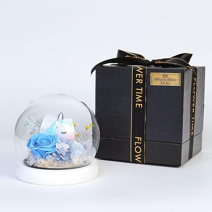 2025 Valentine's Day Gifts Cute Unicorn Preserved Flowers Round Glass Cover With Led Light Unicorn Rose In Glass Dome