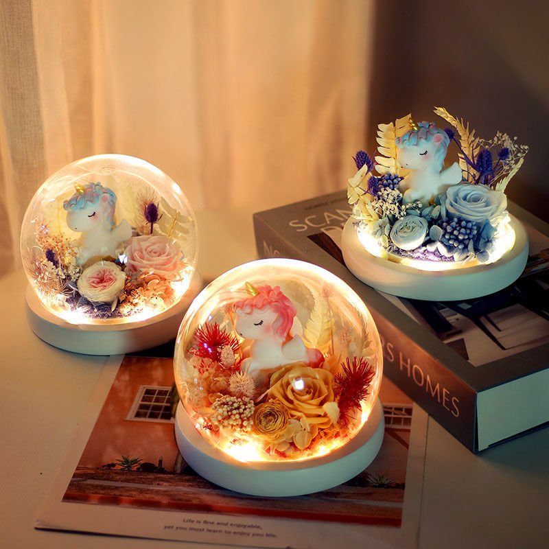 2025 Valentine's Day Gifts Cute Unicorn Preserved Flowers Round Glass Cover With Led Light Unicorn Rose In Glass Dome