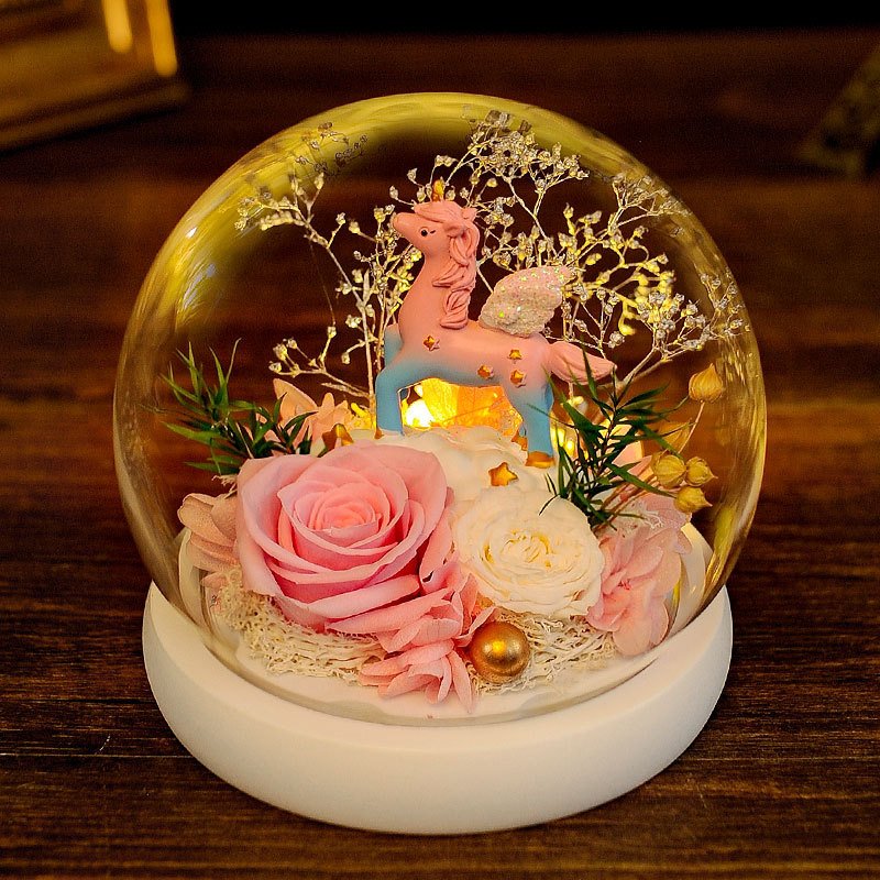 2025 Valentine's Day Gifts Cute Unicorn Preserved Flowers Round Glass Cover With Led Light Unicorn Rose In Glass Dome