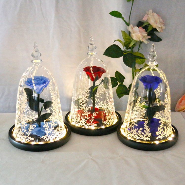 Birthday Party Gift Glass Flower Box With Rose Branches Christmas Presents Flower Preserved Natural in Glass Dome