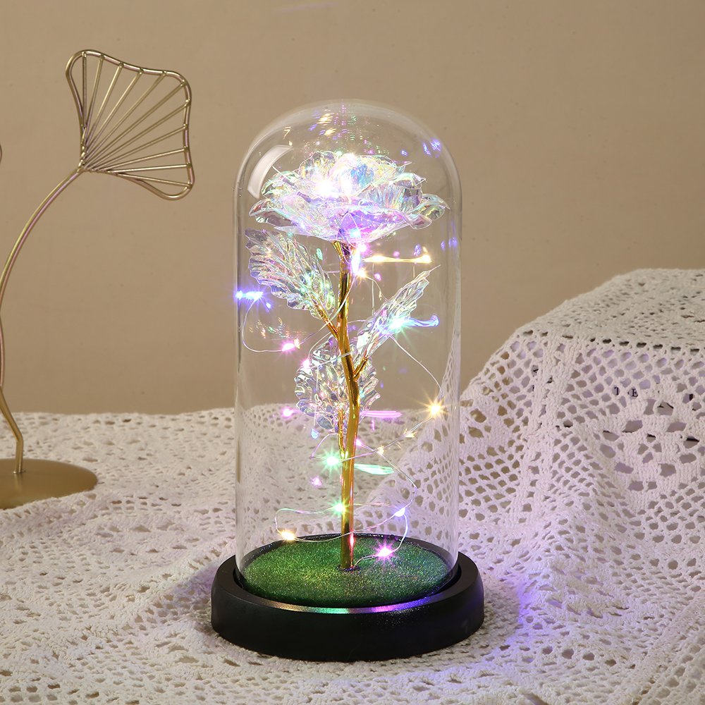 Gold Foil Rose Light Flower Glass Cover Galaxy Rose in Glass Dome Valentine Mother's Day Birthday Gift Rose for Women