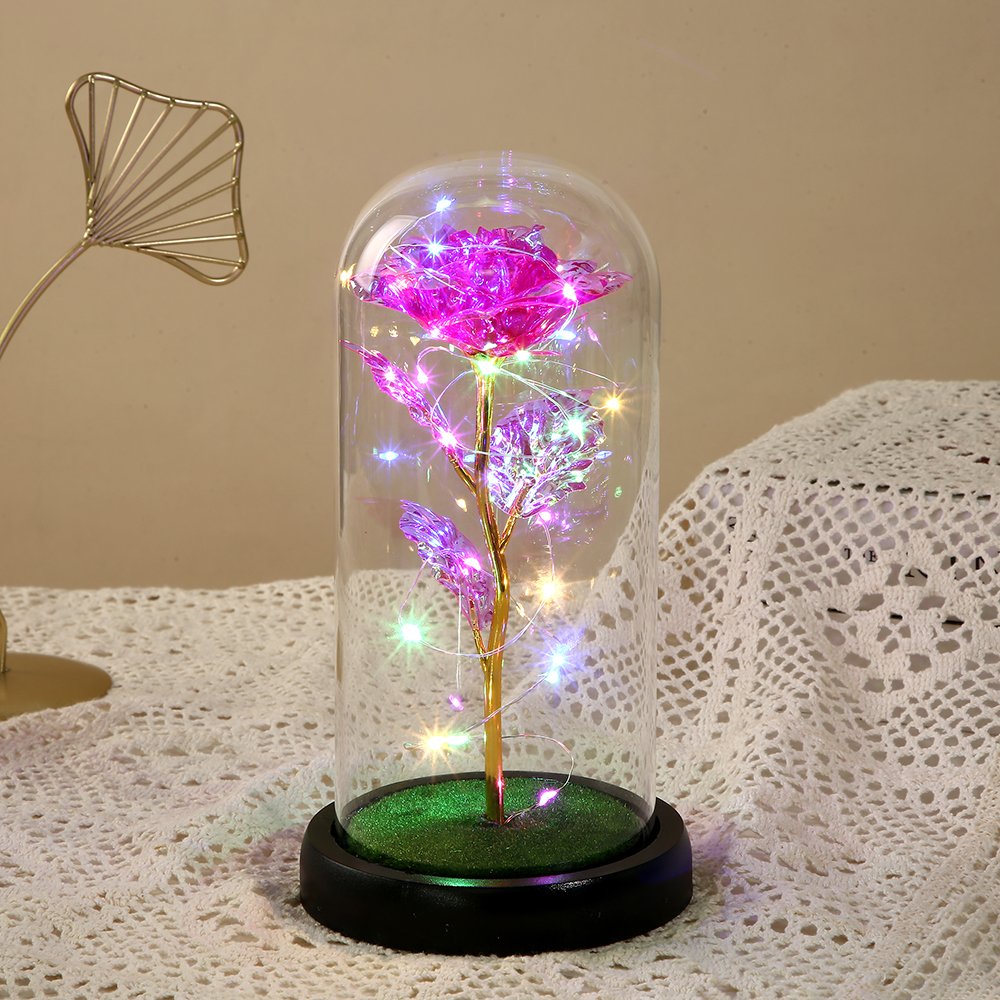 Gold Foil Rose Light Flower Glass Cover Galaxy Rose in Glass Dome Valentine Mother's Day Birthday Gift Rose for Women