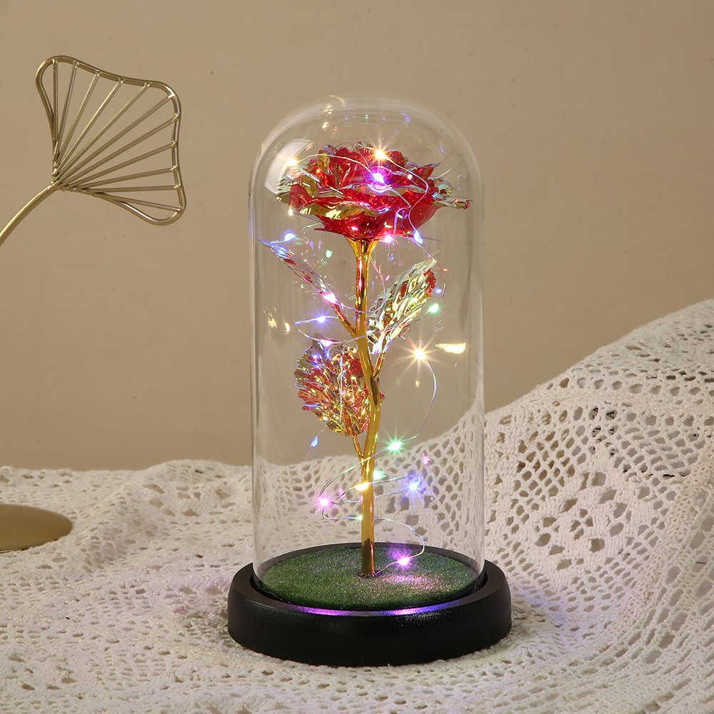 Gold Foil Rose Light Flower Glass Cover Galaxy Rose in Glass Dome Valentine Mother's Day Birthday Gift Rose for Women