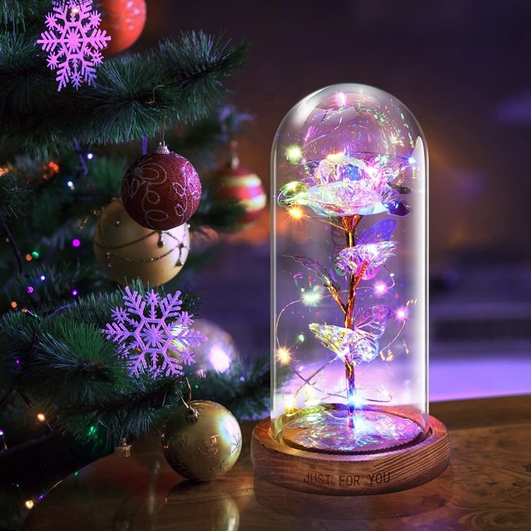 Valentines Gifts 24K Galaxy Roses Mothers Day Artificial Rose In Glass Dome With Lights