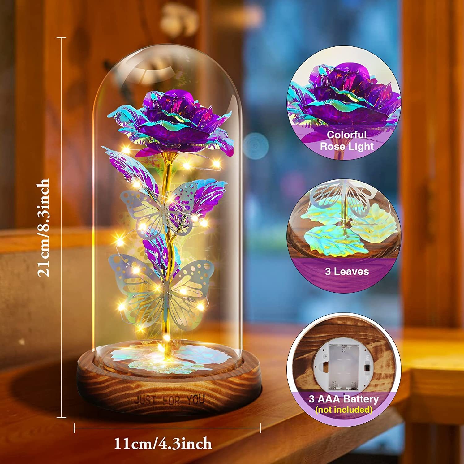 Valentines Gifts 24K Galaxy Roses Mothers Day Artificial Rose In Glass Dome With Lights