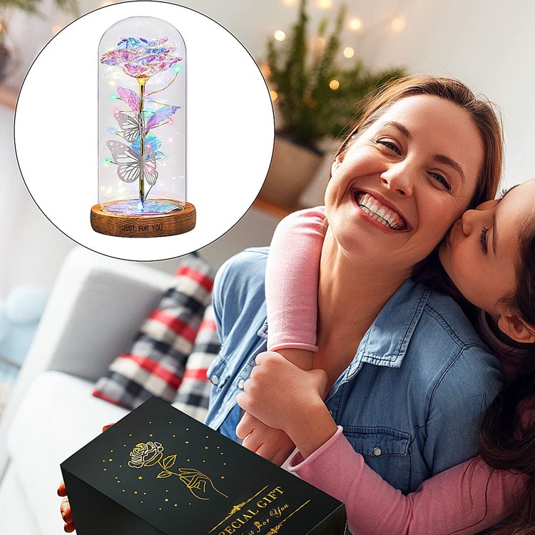 Valentines Gifts 24K Galaxy Roses Mothers Day Artificial Rose In Glass Dome With Lights