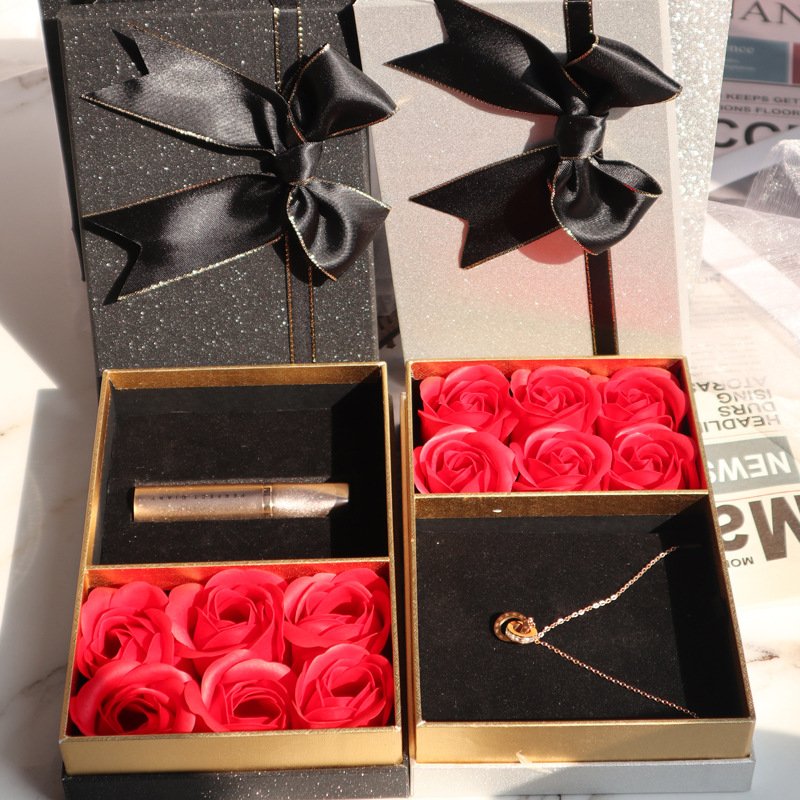 Custom Soap Preserved Roses Flowers Gift Box Mother Day 2pcs Lipstick Set Gift