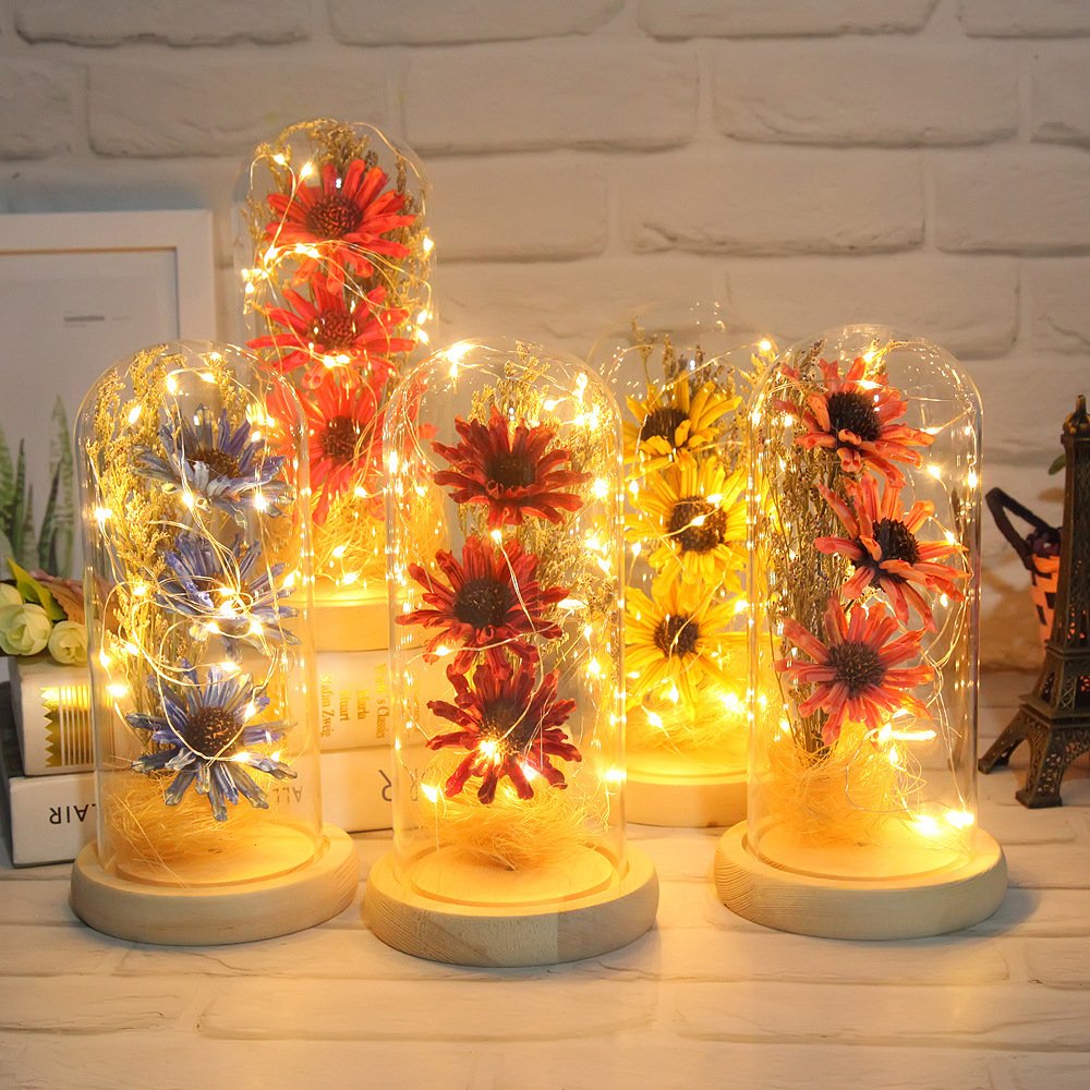 Wholesale Weeding Decoration Mothers Valentines Day Gifts Sunflower In Glass Dome LED Light Up Preserved Flower