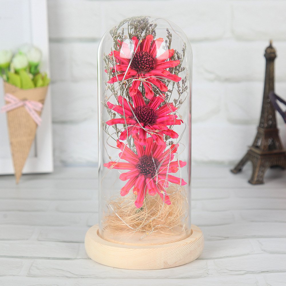 Wholesale Weeding Decoration Mothers Valentines Day Gifts Sunflower In Glass Dome LED Light Up Preserved Flower