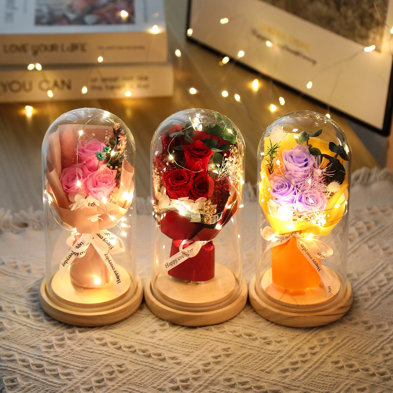 Wholesale Weeding Decoration Mothers Valentines Day Gifts Sunflower In Glass Dome LED Light Up Preserved Flower
