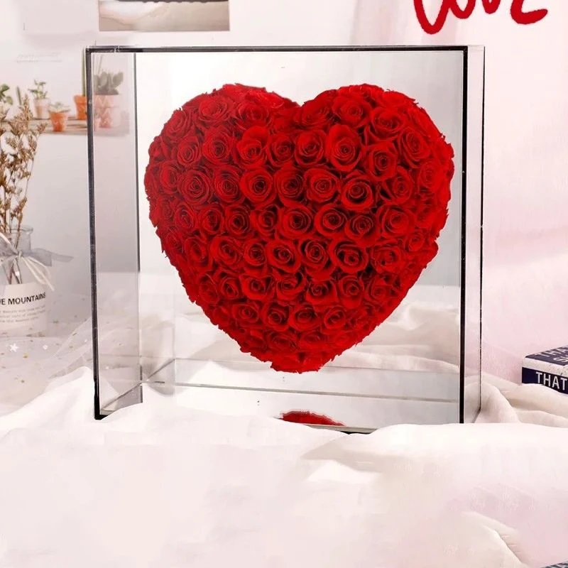 Love Heart Shape Acrylic Rose Flower Gift Box For Wedding