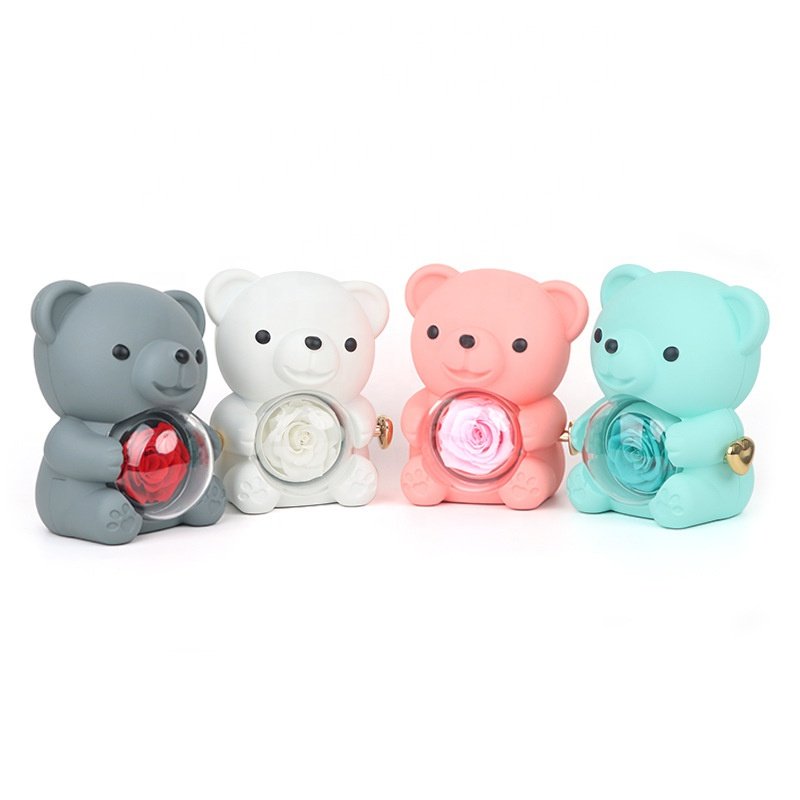 New Rotating Eternal Rose Jewelry Box Transparent Hugging Bear For Valentine's Day Gift