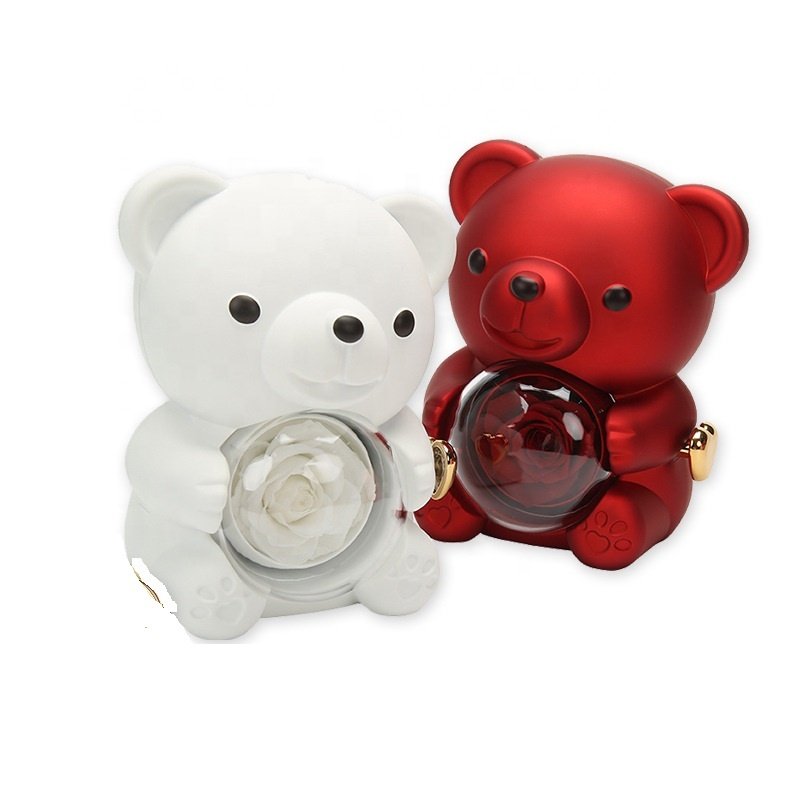 New Rotating Eternal Rose Jewelry Box Transparent Hugging Bear For Valentine's Day Gift