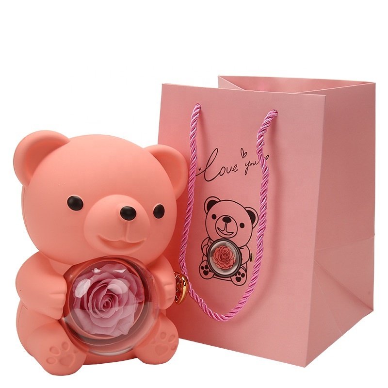 New Rotating Eternal Rose Jewelry Box Transparent Hugging Bear For Valentine's Day Gift