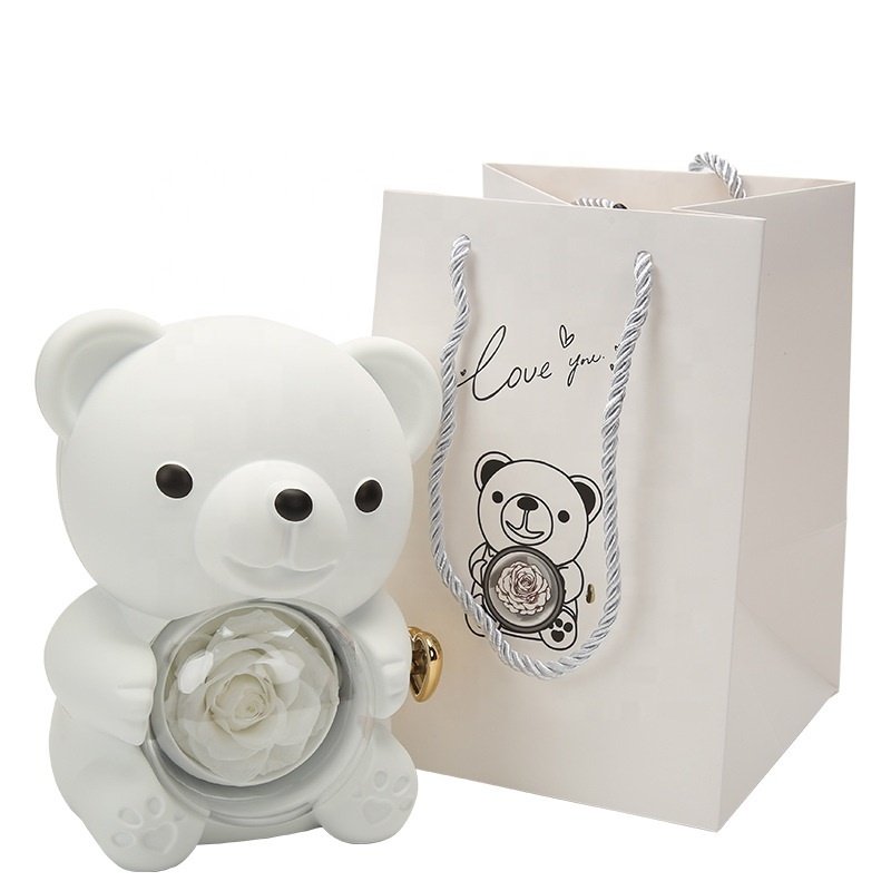 New Rotating Eternal Rose Jewelry Box Transparent Hugging Bear For Valentine's Day Gift