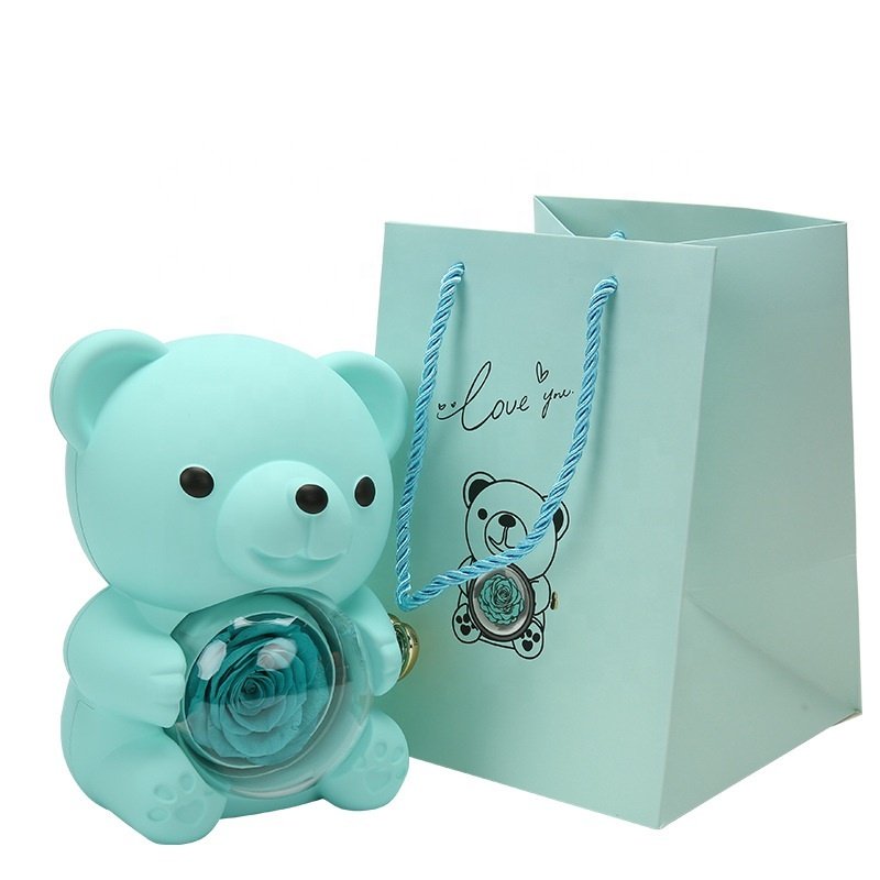 New Rotating Eternal Rose Jewelry Box Transparent Hugging Bear For Valentine's Day Gift