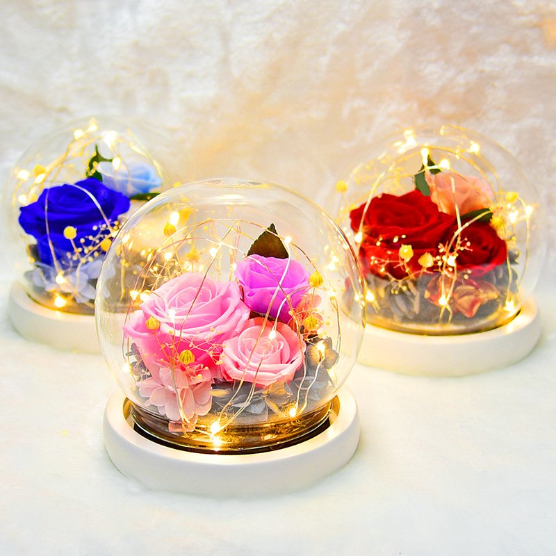 hot selling Valentine gift forever roses preserved flower beauty and the beast box eternal rose in glass dome with light