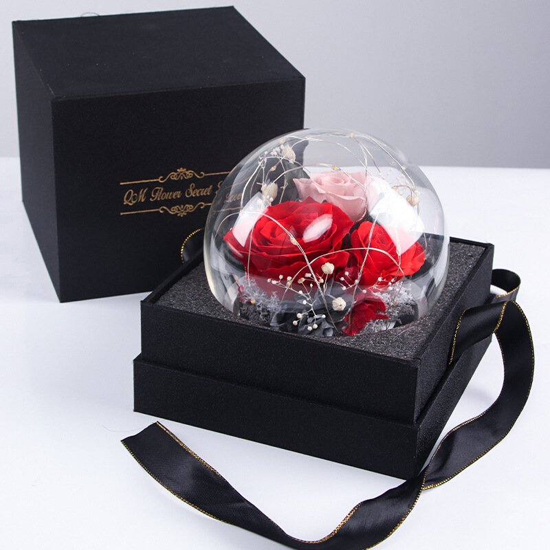 hot selling Valentine gift forever roses preserved flower beauty and the beast box eternal rose in glass dome with light
