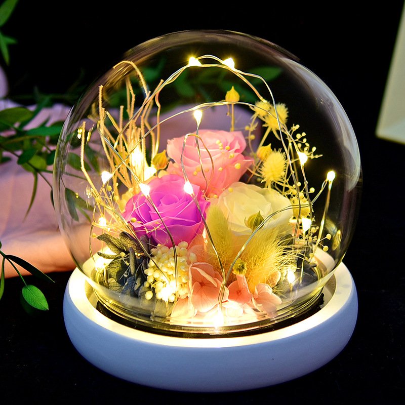hot selling Valentine gift forever roses preserved flower beauty and the beast box eternal rose in glass dome with light