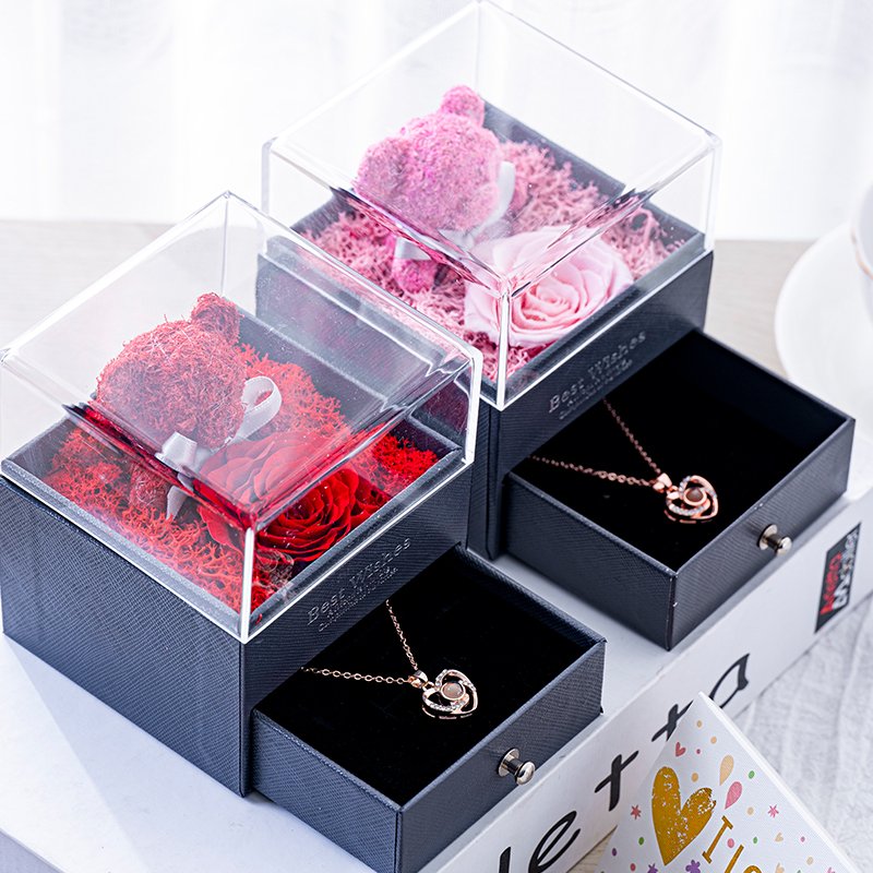 Gift Boxes Newest Valentine's Day Gift Teddy Bear Real Flower for Present Flowers with Eternal Rose Preserved Flower 0.269kg