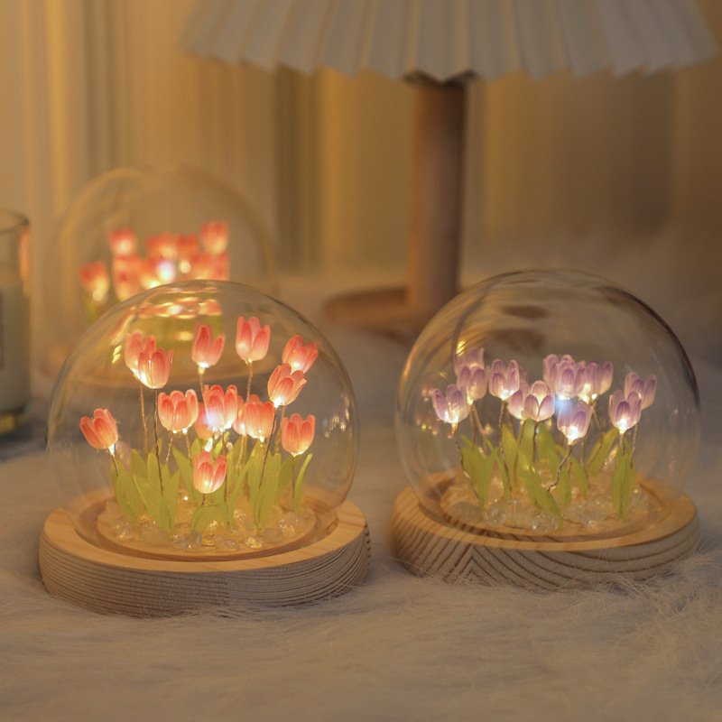 DREA Forever Preserved Eternal Flower Tulips In Glass Dome Valentines Mothers Day Gift Glowing Night Light Lamp