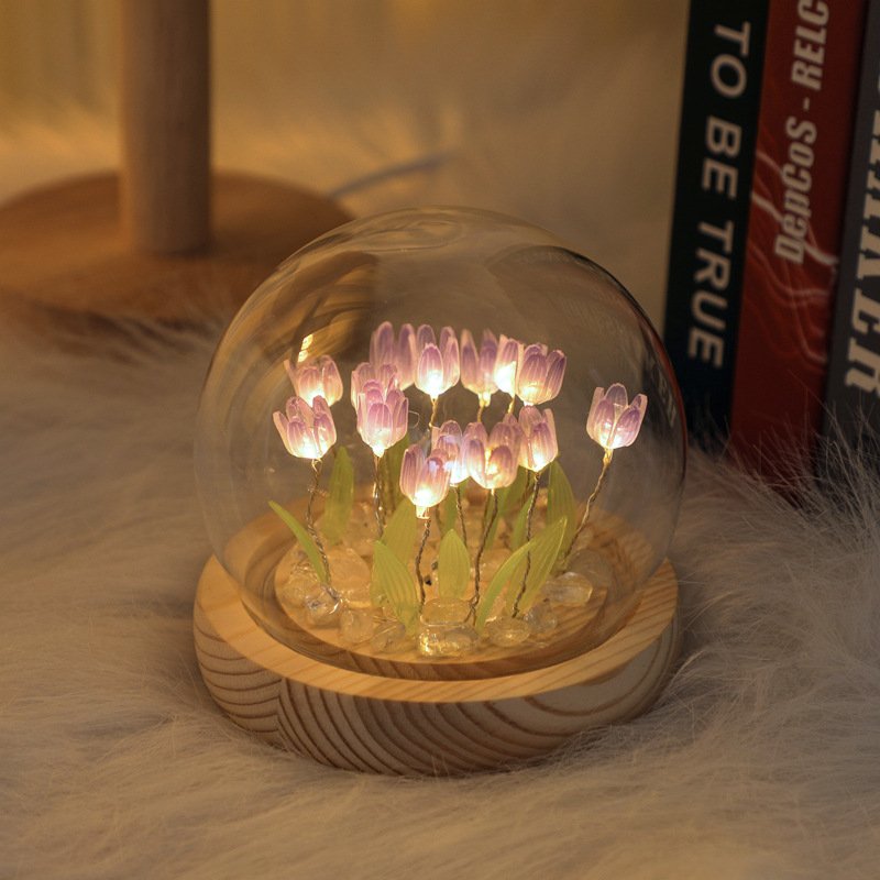 DREA Forever Preserved Eternal Flower Tulips In Glass Dome Valentines Mothers Day Gift Glowing Night Light Lamp