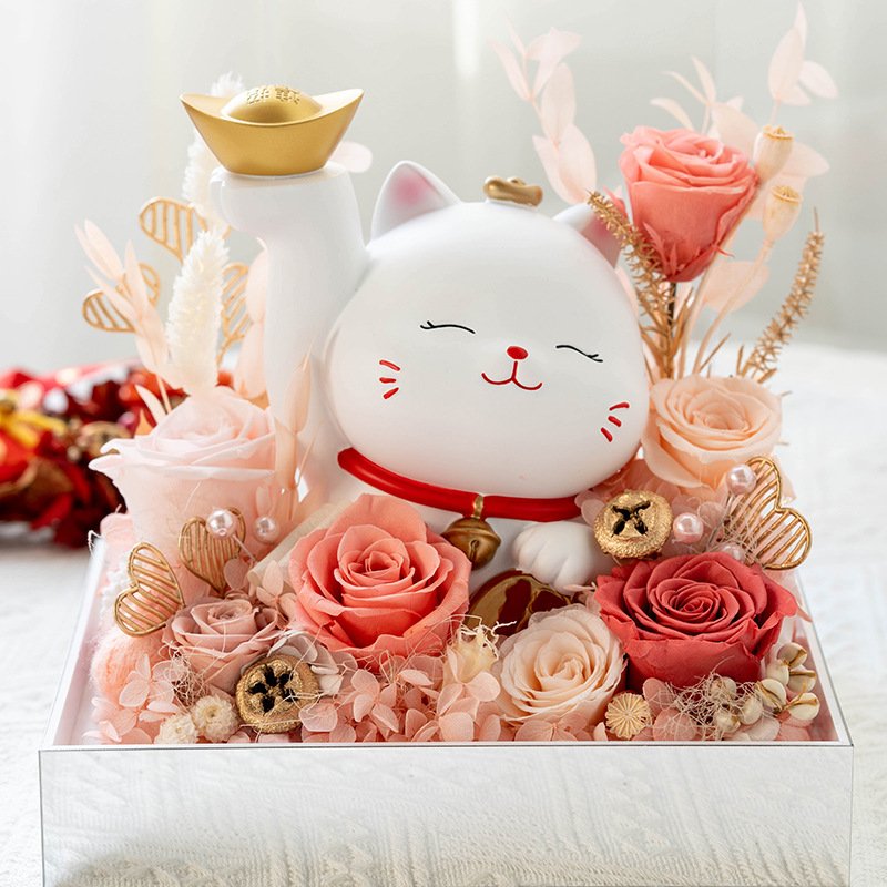Chinese Lucky Wealth Fortune Gold Waving Hand Beckoning Preserved Flower Lucky Cat Maneki Neko
