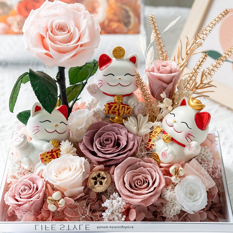 Chinese Lucky Wealth Fortune Gold Waving Hand Beckoning Preserved Flower Lucky Cat Maneki Neko