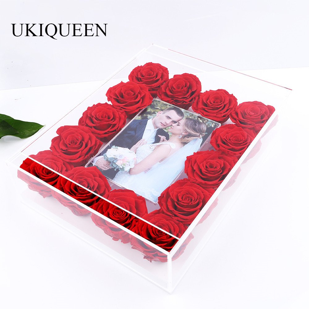 UKIQUEEN Home Decor Wholesale Clear Wall Hanging Wedding Acrylic Preserved Rose Flower Box With Photo Frame
