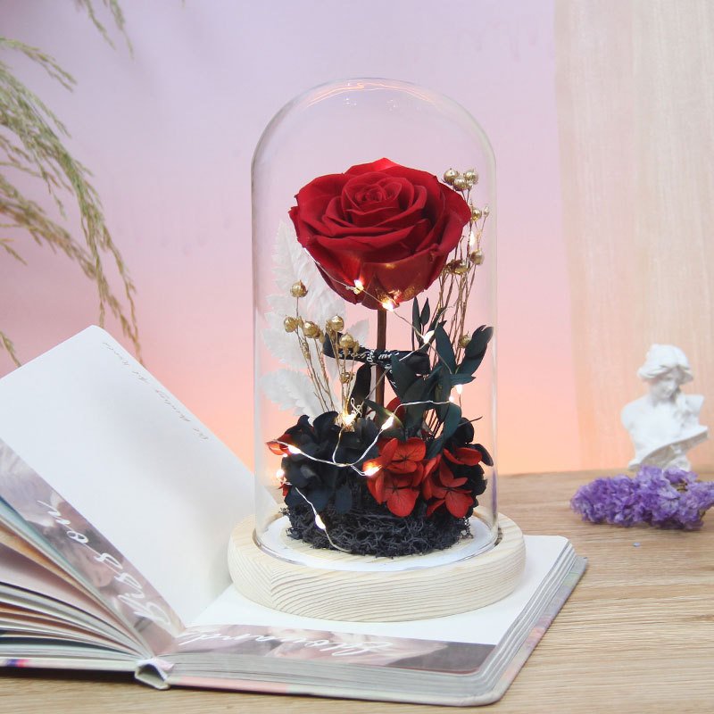 Immortal Flower Moss Bear in Beautiful Glass Dome Rose Preserved Flower Gift for Valentine's Day Mother's Day Thanksgiving