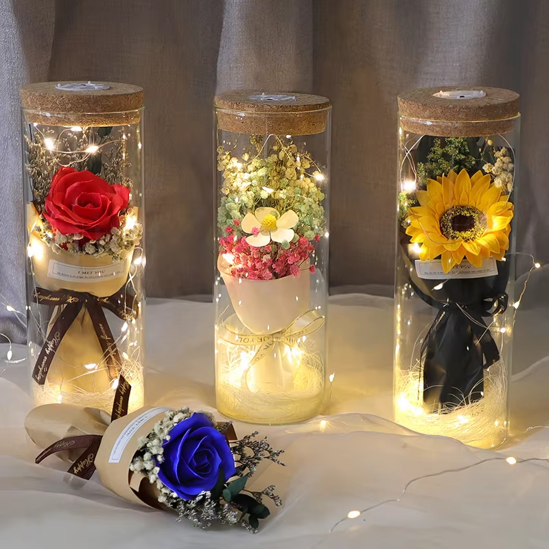 Sunflower Gypsophila Preserved Flowers Decoration Gift Dried Mini Flower Bouquet In Glass Bottle