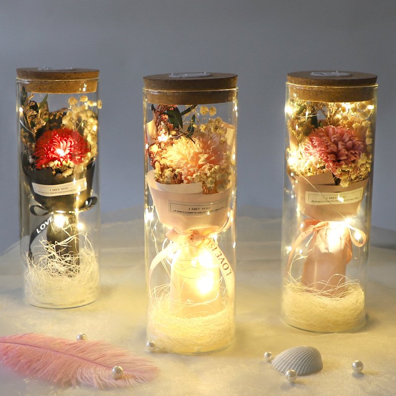 Sunflower Gypsophila Preserved Flowers Decoration Gift Dried Mini Flower Bouquet In Glass Bottle